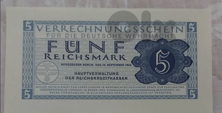 UNC German Nazi Military Five Reichmarks Banknote era of Hitler WWII UNC German Nazi Military Five Reichmarks Banknote era of Hitler WWII