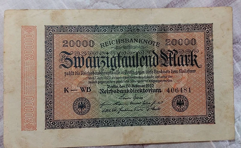 German Twenty Thousand Reichmarks banknote year 1923 German Twenty Thousand Reichmarks banknote year 1923