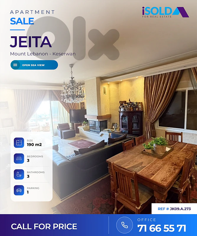 A 190 m2 apartment having an open sea view for sale in Jeita