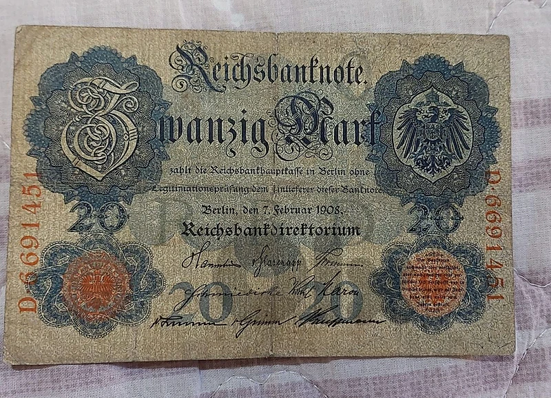 German  Empire Twenty Mark banknote year 1908 Reichsbanknote