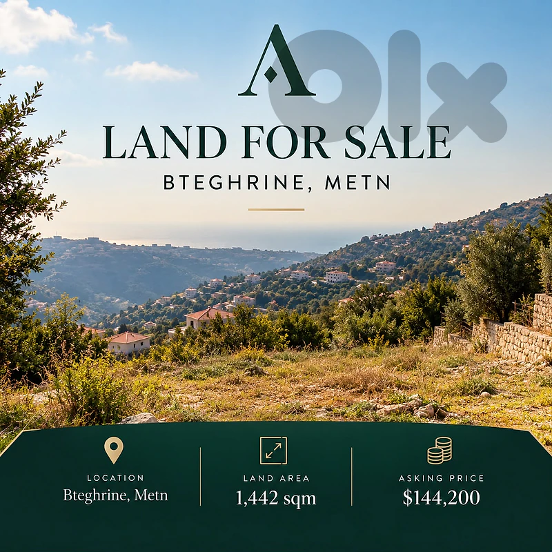 1,442 sqm Land for Sale – Bteghrine, Metn | $144,200