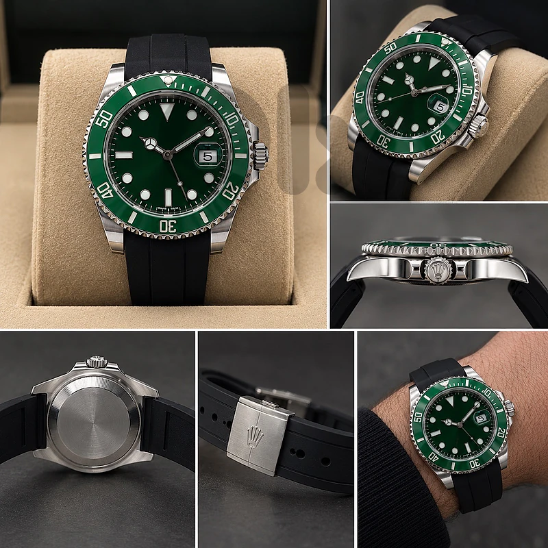 green dial rolex with bag and box.