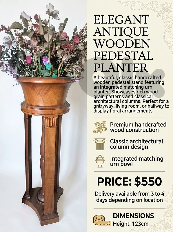 Elegant Antique Wooden Pedestal Planter