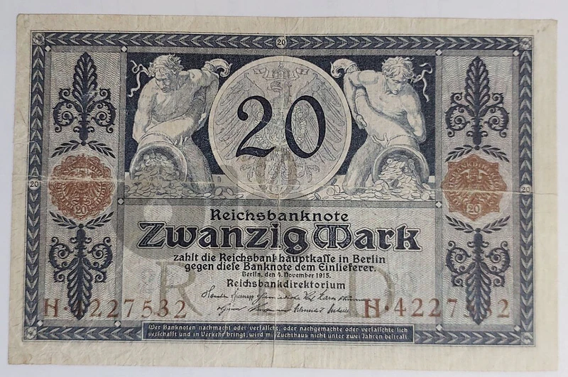 German Empire WW I 20 Mark German Reichsbanknote year 1915 German Empire WW I 20 Mark German Reichsbanknote year 1915