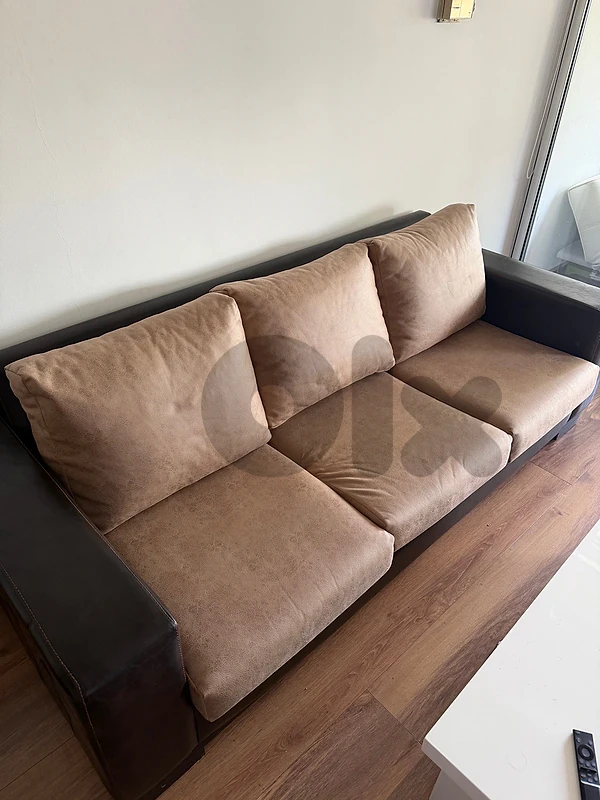 Beige & Dark Brown Sofa Set, 3-Seater + 2-Seater + Armchair