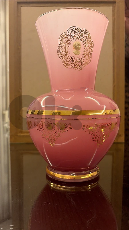 Elegant Pink Opaline Glass Vase with Gold Details
