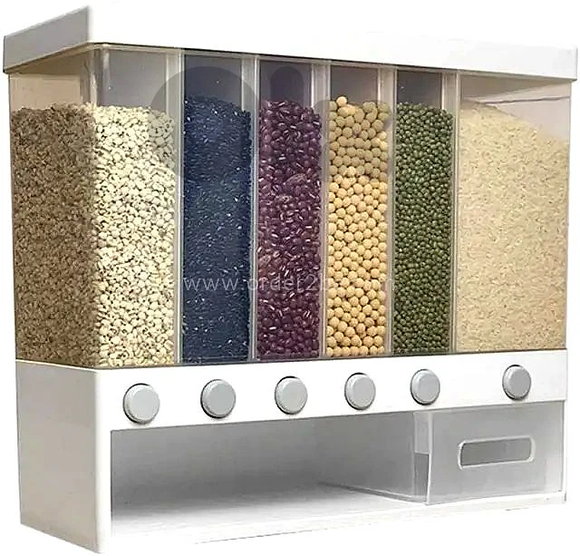 Wall-Mounted 6-Grid Grain Dispenser – 10kg Dry Food Organizer