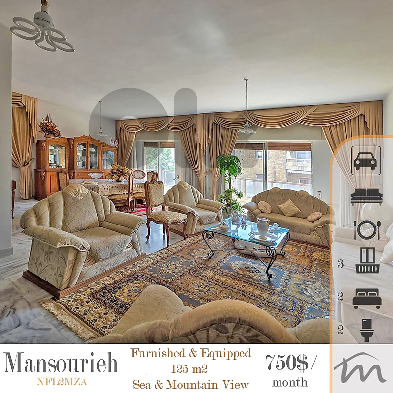 Mansourieh | Furnished 125m² | 3 Balconies | Open Sea & Mountain View