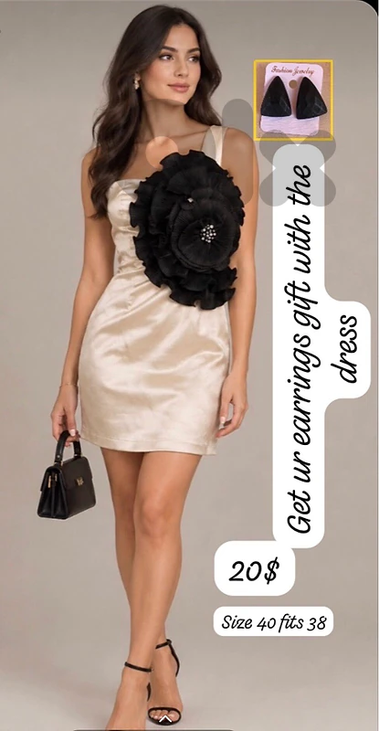 Gold Champagne mini dress with black big flower