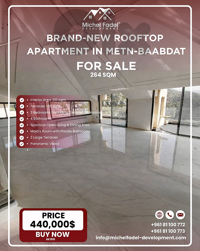 RK1015-Rooftop Apartment with Panoramic Views for Sale – Baabdat