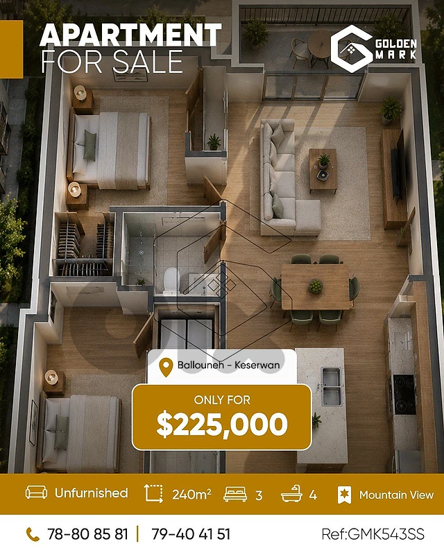 GMK543SS Apartment For Sale Ballouneh شقة للبيع في بلونة
