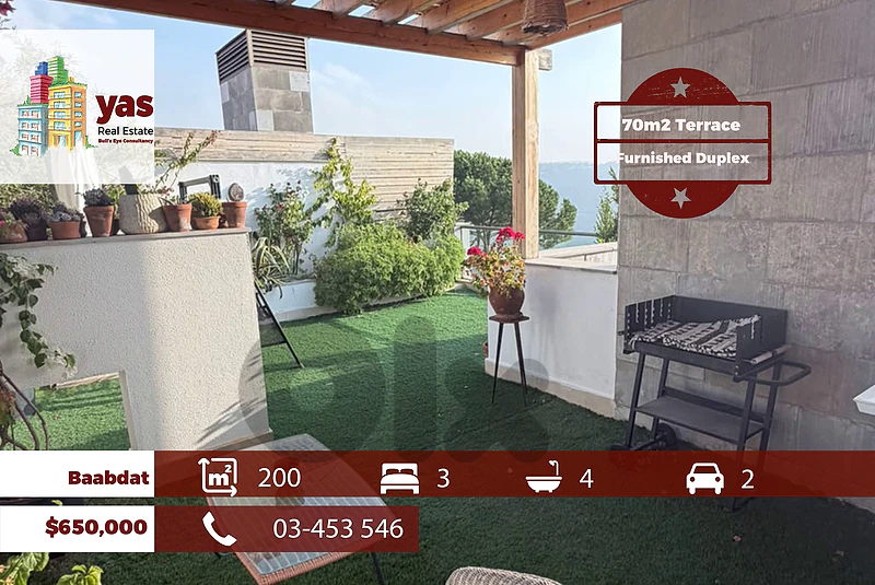 Baabdat 200m2 | 70m2 m2 Terrace | 130m2 Roof | Furnished Duplex | TCH