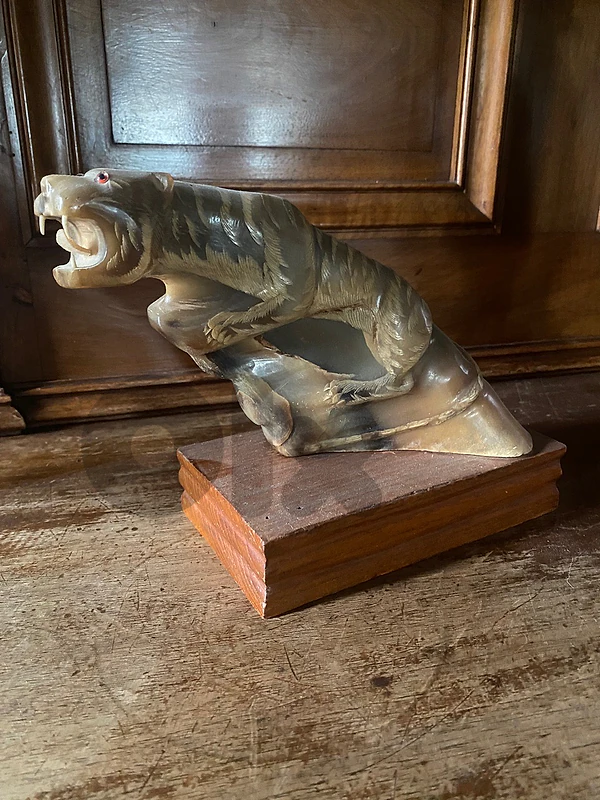 antique japanese Ram horn sculpted tiger