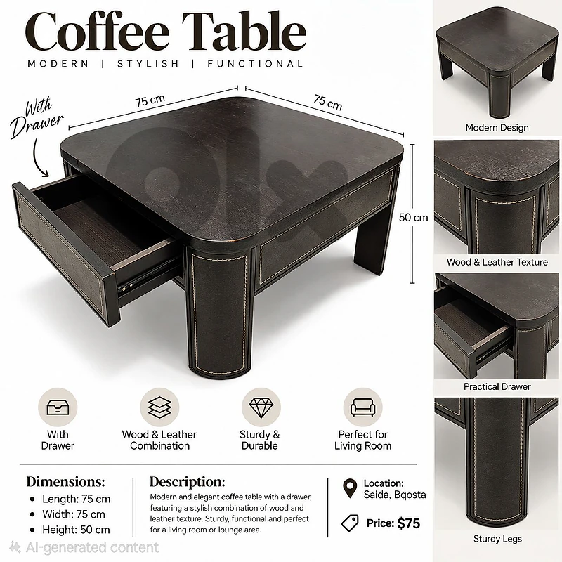 Coffee Table Wood with Leather Texture