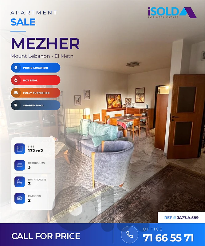 A 180 m2 apartment having an open view for sale in Mezher