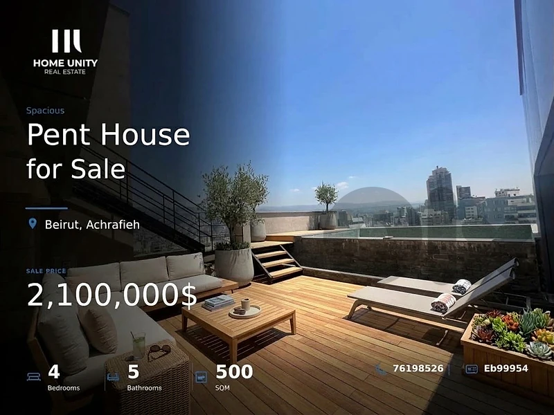 elegant 4-bedrooms Pent House for Sale in Achrafieh , Beirut