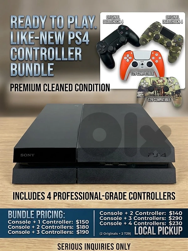 PS4 Console Bundle (Cleaned & Tested) +Option for up to 4 Controllers PS4 Console Bundle (Cleaned & Tested) +Option for up to 4 Controllers