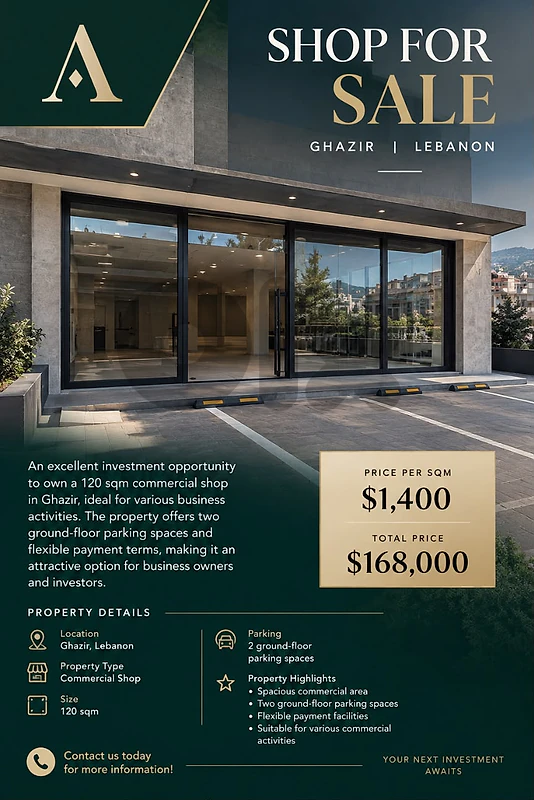 Commercial Shop for Sale in Ghazir – 120 sqm | $168,000 | Commercial Shop for Sale in Ghazir – 120 sqm | $168,000 |