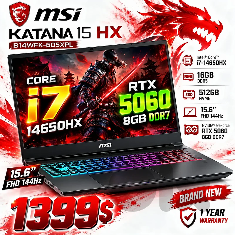 MSI Katana 15 HX i7-14650HX RTX 5060 15.6" 144Hz Laptop