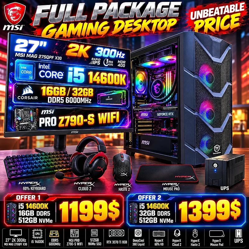MSI Gaming PC Bundle i5-14600K RTX 3070 Ti + 27" 300Hz