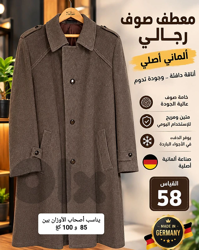 معطف صوف ألماني أصلي مستعمل بحالة جيدة قياس 58 بسعر 100$