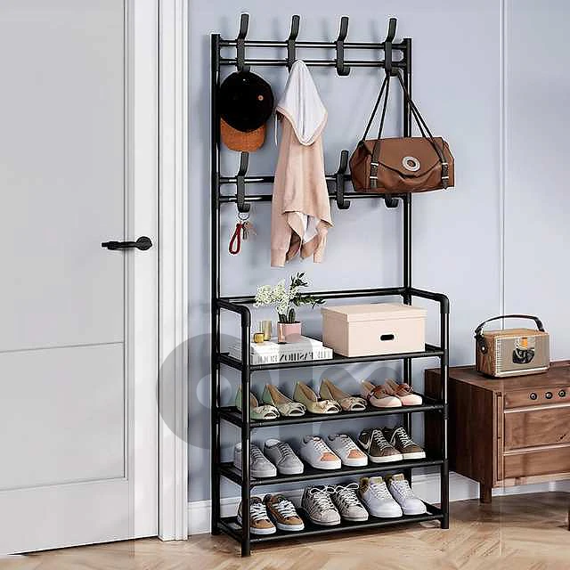 4-Tier Shoes Rack with Hooks, Modern Hat and Clothes Stand