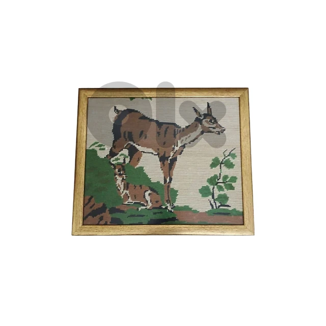 Couple Deer Textile Portrait, Light Brown Border 33.5 x 39.5