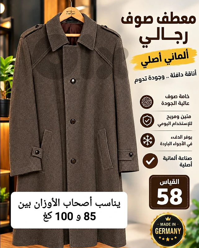 معطف صوف ألماني أصلي مستعمل بحالة جيدة قياس 58 بسعر 100$