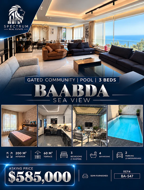 GATED COMMUNITY | POOL | 3 BEDS | SEA VIEW | BAABDA-LOUAIZEH, (BA-547)