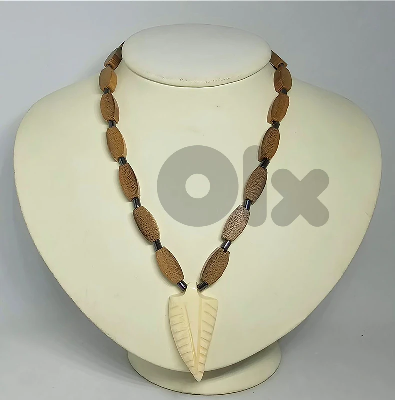 10$ Vintage Hand-Carved Bone  Pendant Necklace with Wooden Beads