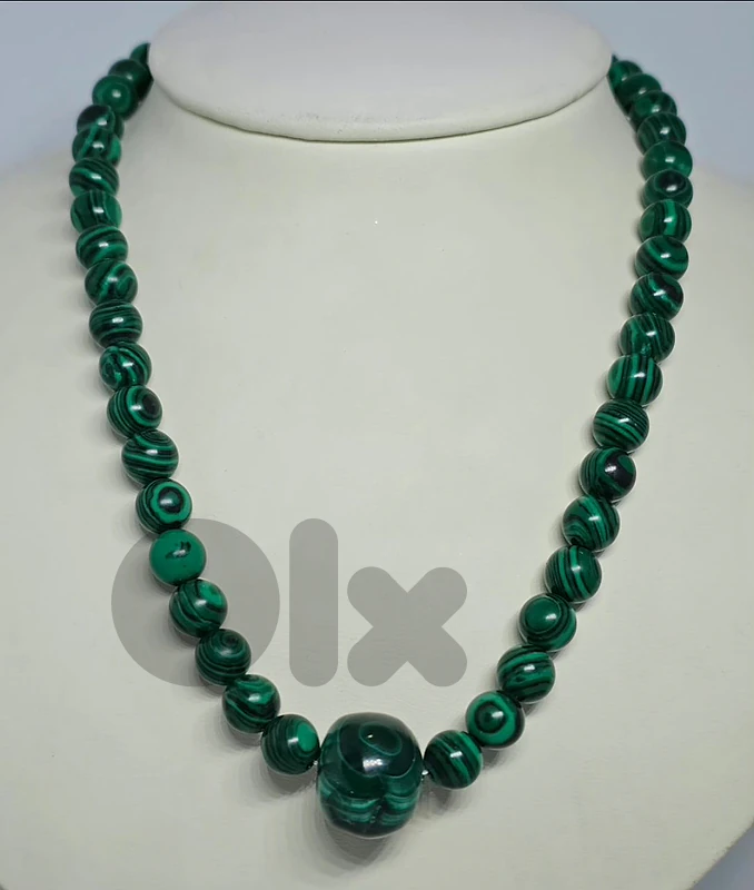 40$ Vintage Natural Green Malachite Beaded Statement Necklace