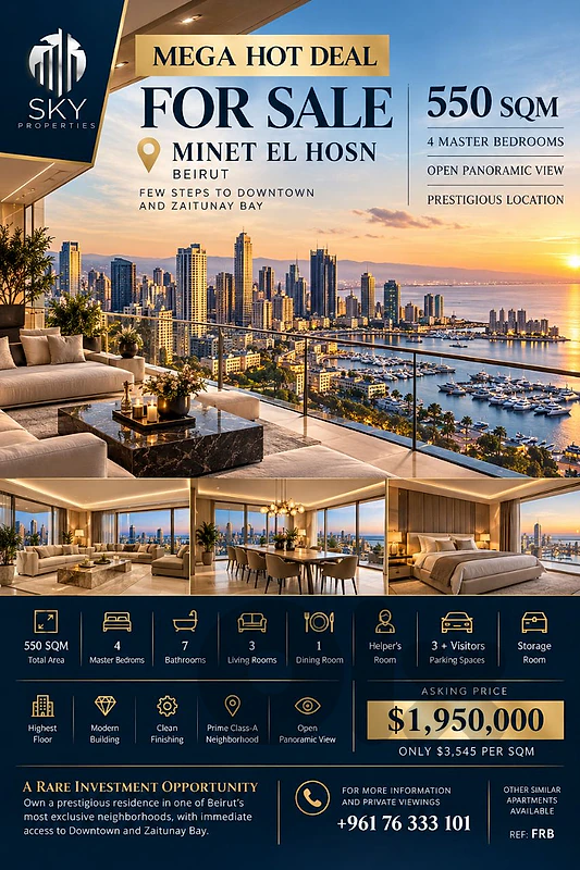 Super Hot Deal| 550 Sqm |4 Masters|For Sale|Minet El Hosn|New Building