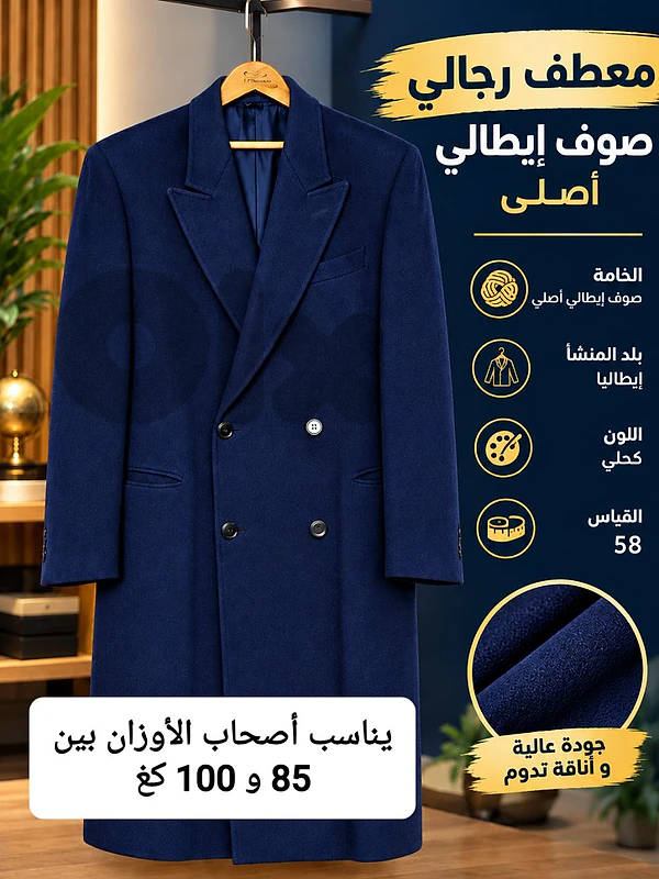 معطف صوف رجالي إيطالي أصلي قياس 58 مستعمل بحالة جيدة بسعر 100$
