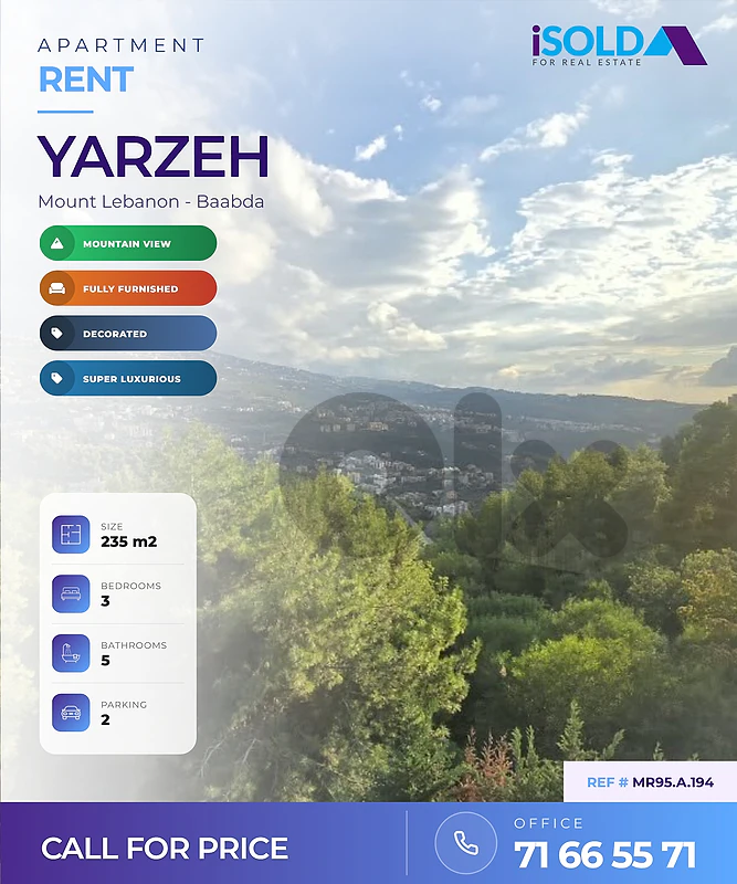 Apartment + Open View for Rent in Yarzeh - شقة للاجار في يرزي