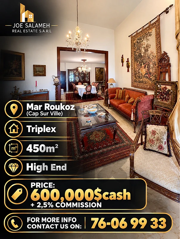 Triplex for sale in Mar Roukoz Cap Sur Ville 450m2 Open View 600,000$