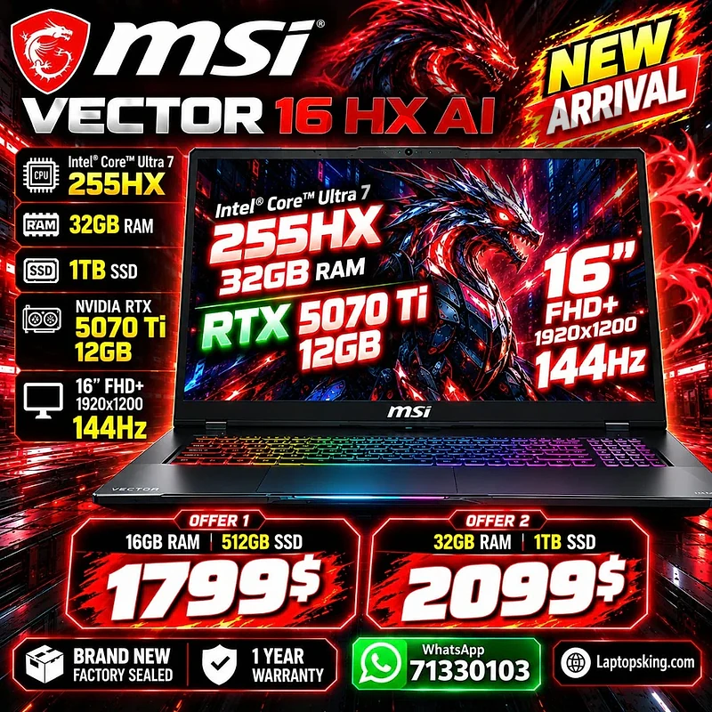 MSI Vector 16 HX AI Core Ultra 7 RTX 5070 Ti 12GB Gaming Laptop New MSI Vector 16 HX AI Core Ultra 7 RTX 5070 Ti 12GB Gaming Laptop New