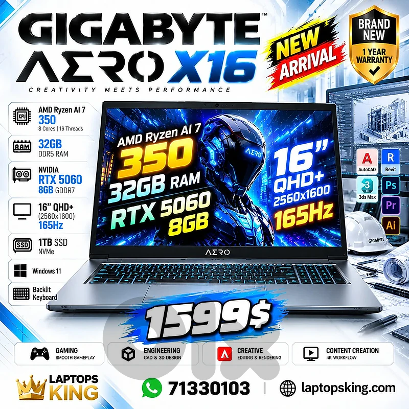 Gigabyte Aero X16 Ryzen AI 7 RTX 5060 8GB 32GB 1TB Gaming Laptop NEW Gigabyte Aero X16 Ryzen AI 7 RTX 5060 8GB 32GB 1TB Gaming Laptop NEW