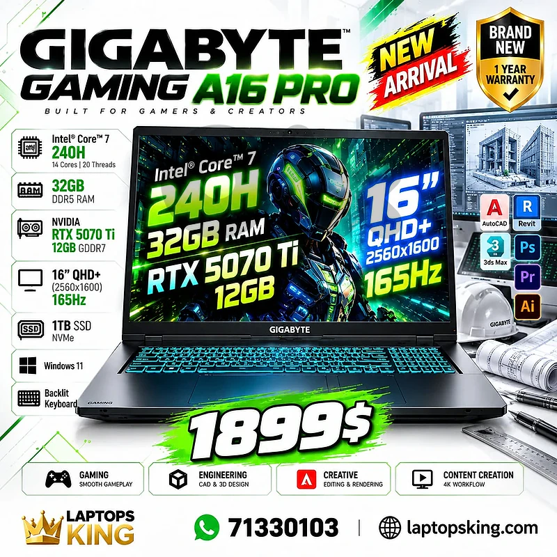 Gigabyte Gaming A16 Pro Core 7 RTX 5070 Ti 12GB 32GB 1TB Laptop NEW
