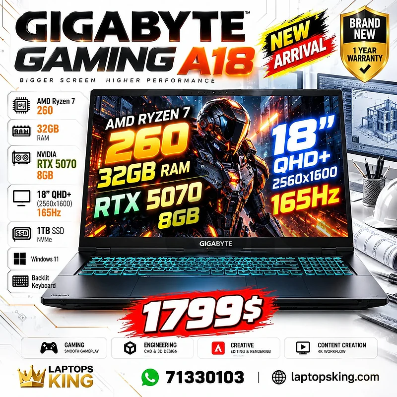 Gigabyte Gaming A18 Ryzen 7 RTX 5070 8GB 32GB 1TB 18 Inch Laptop NEW Gigabyte Gaming A18 Ryzen 7 RTX 5070 8GB 32GB 1TB 18 Inch Laptop NEW