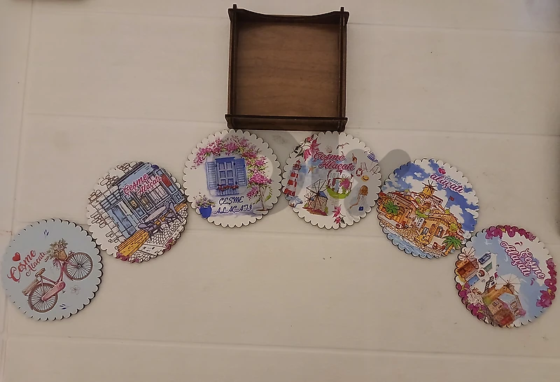 6-Piece Mediterranean Wooden Coaster Set with Holder–Çeşme & Alaçatı