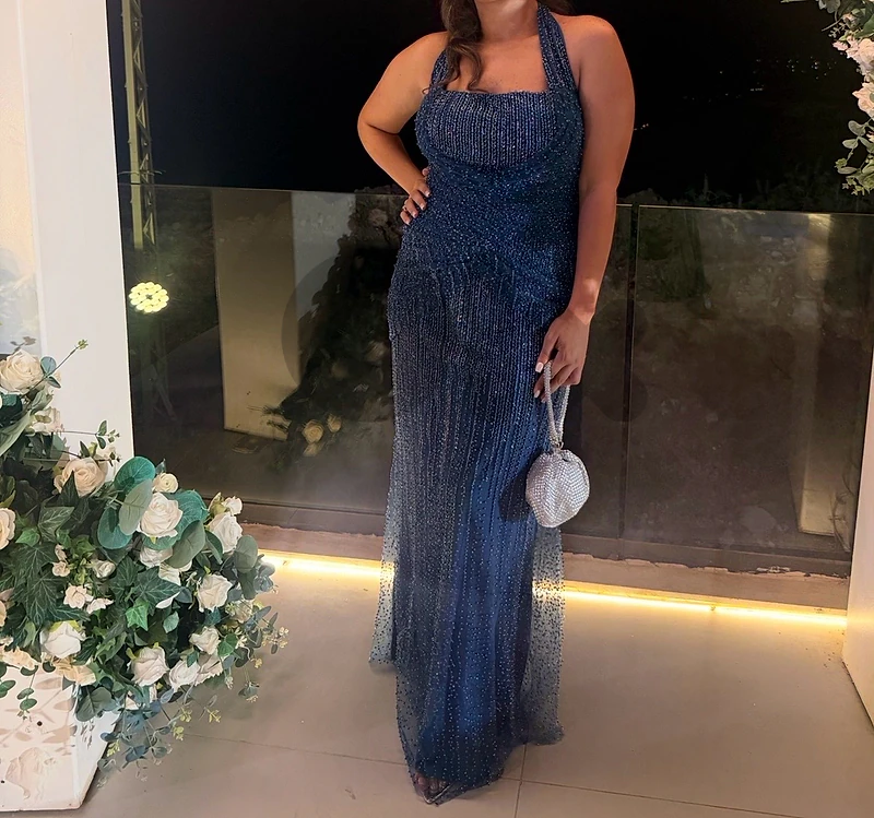 embroidered blue evening dress