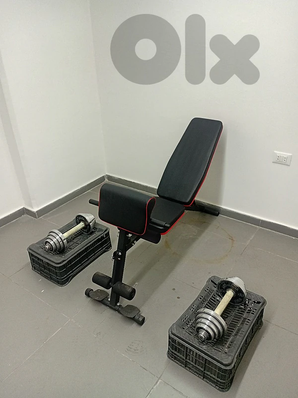 Two chrome dumbbells 15kgs each and adjustable banch.
