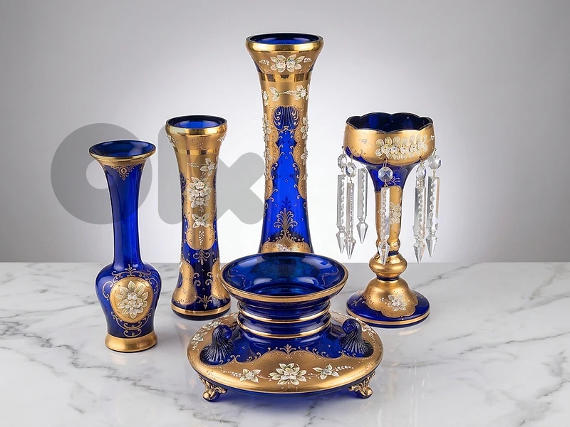 Vintage Royal Blue & Gold Decorative Glass Set