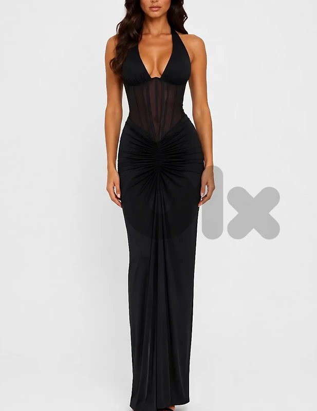 Halter Neck Corset Maxi Dress in Black