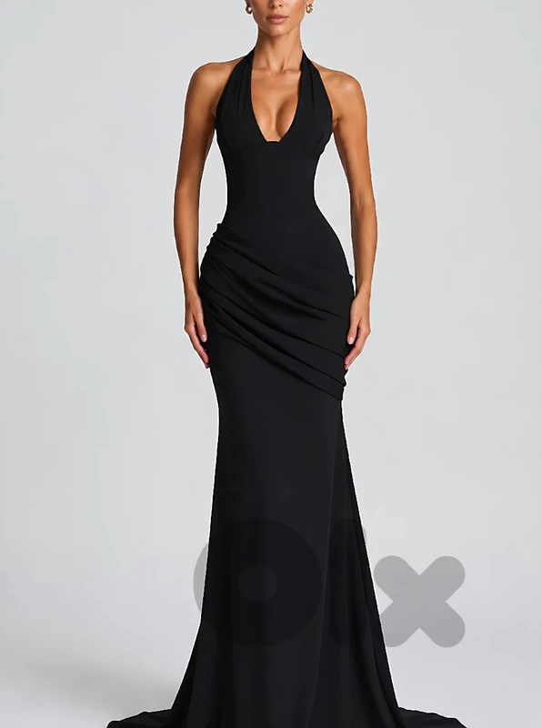 Corset Halter Gown in Black Crepe