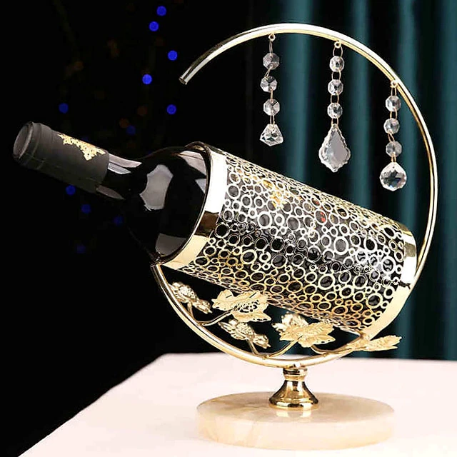 Gold Wine Bottle Holder with Marble Base & Crystal Accents