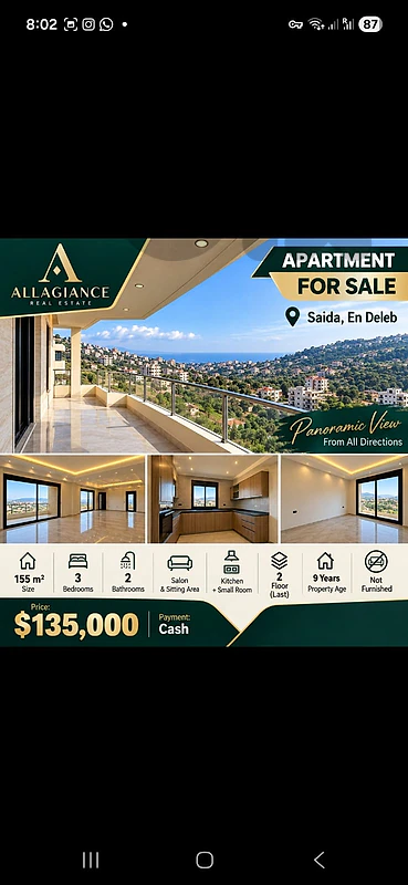 Apartment for Sale in Ain Dleb, Saida | 155 sqm | $135,000