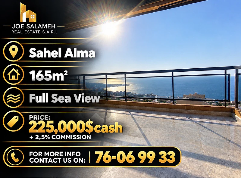 Apartment for sale in Sahel Alma 165m2 Full Sea View 225,000$cash