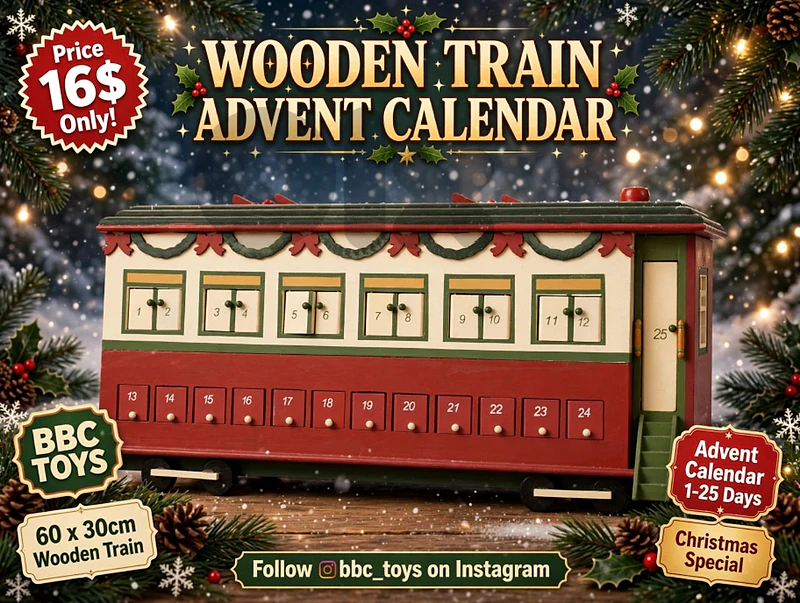 Christmas calendar wooden train 60x30cm