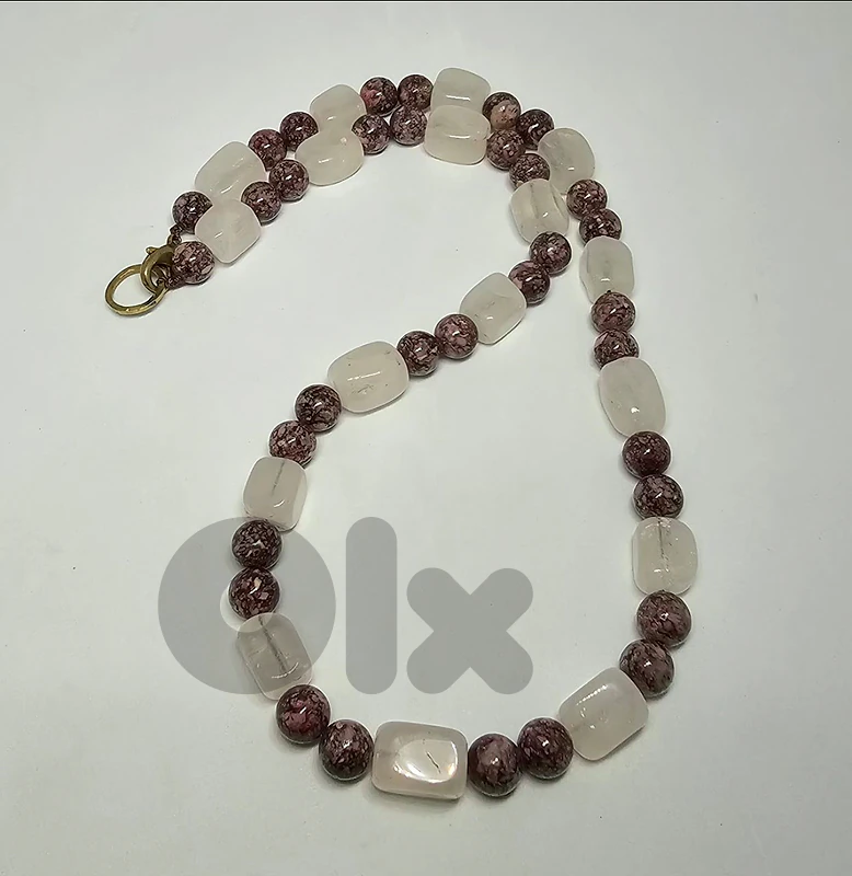 25$ Handmade white Quartz & Purple Jasper Gemstone Beads Necklace